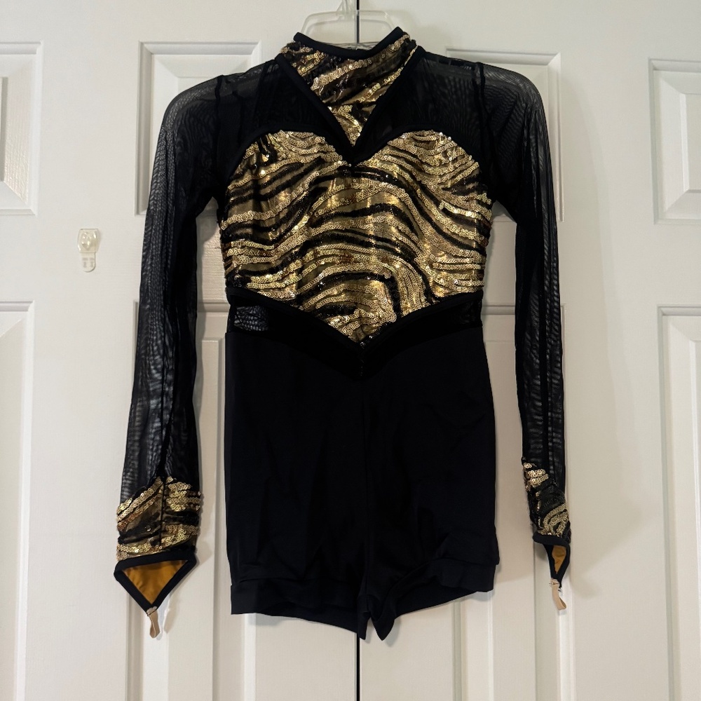 Girls Black & Gold Sequin Zebra Dance Costume - Long Sleeve Mesh